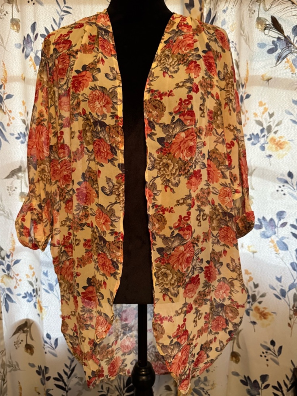 Floral Open-Front Kimono Cardigan - Cream with Red Rose Print